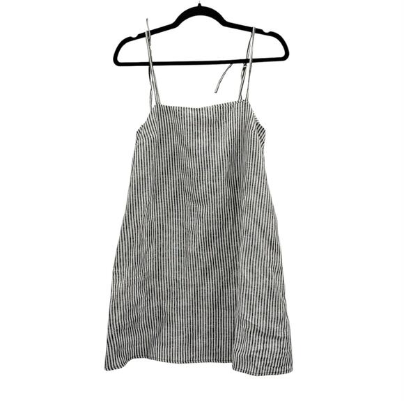 Reformation Aubree Linen Striped Dress A Line Tie Spaghetti Straps Gray White XS - Picture 1 of 5